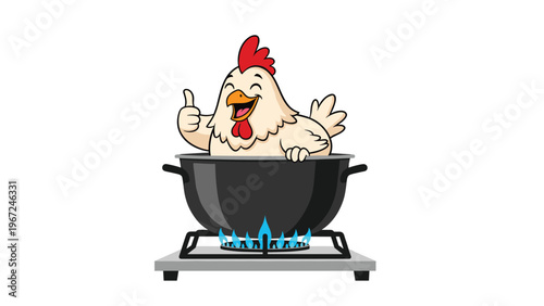 Jolly cartoon chicken gives a thumbs up while sitting inside a large black cooking pot heated by blue flames on a kitchen stove.
