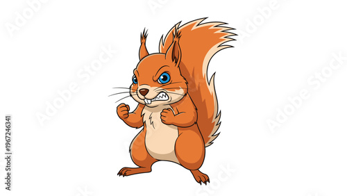 Angry brown squirrel with blue eyes stands with clenched fists and a grumpy expression in this cartoon animal character design.