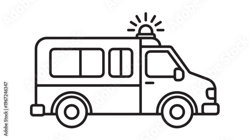 Ambulance vehicle icon with simple outline and flashing light on roof, representing emergency medical transport services.