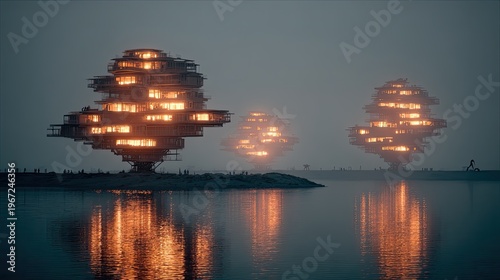 Futuristic treehouses by the water at dusk