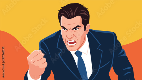 Furiously shouting businessman in a navy suit clenches his fist while expressing intense anger against a bright yellow background.