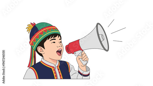 Young boy in traditional colorful ethnic clothing shouts through a white and red megaphone against a plain white background.
