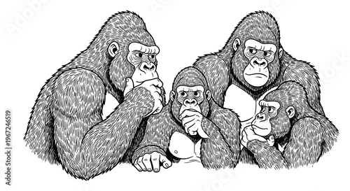 A contemplative family of gorillas sitting together thoughtfully