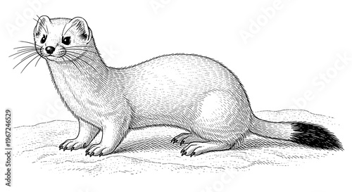 A detailed black and white illustration of a stoat standing