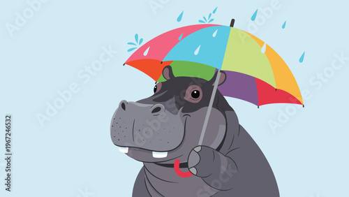 Happy grey hippo stays dry under a colorful rainbow umbrella during a rain shower in this cute and whimsical cartoon.