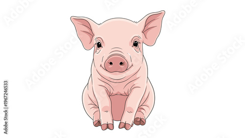 Small pink piglet sits calmly looking forward with a sweet and gentle expression in a detailed cartoon animal illustration.