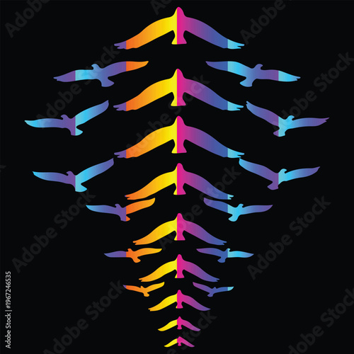 Birds in Symmetrical Formation, Abstract Flying Flock Silhouette with Gradient, Modern Artistic Nature Design for Digital and Print Use.