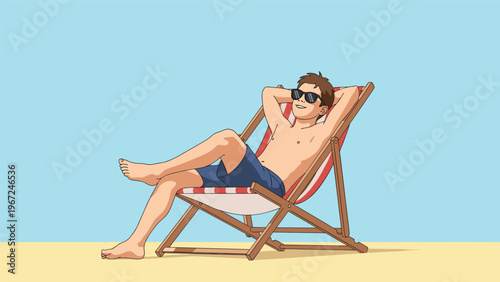 Young boy in blue shorts and sunglasses relaxes on a striped beach chair under a clear blue sky in a summer vacation scene.