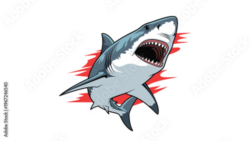 Powerful great white shark with its mouth wide open showing rows of sharp teeth lunges forward against red paint splashes.