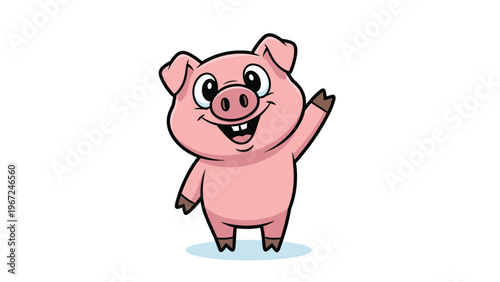 Happy pink piglet waves its hoof with a big cheerful smile and friendly eyes in a cute cartoon animal illustration.