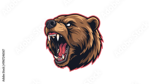 Angry grizzly bear with its mouth wide open in a fierce roar shows sharp teeth in a powerful wildlife mascot illustration.