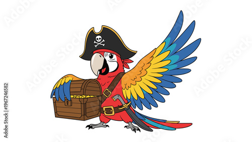 Colorful macaw parrot dressed as a pirate with a hat and sword holds an open treasure chest full of gold coins.