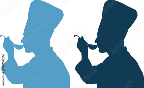 Silhouettes of two chefs smelling food on a spoon