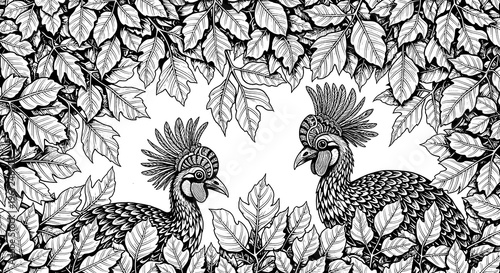 Detailed illustration of two crested birds among lush foliage