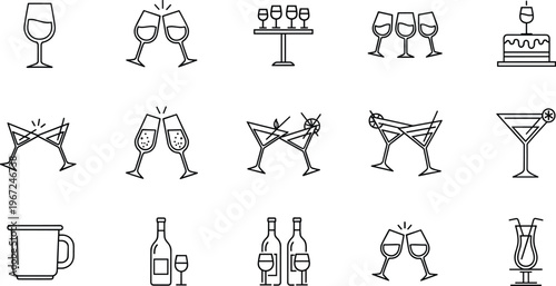 Alcohol Drink Line Icon Set with Wine Glass, Champagne Toast, Cocktail, Beer Mug, Bottle, and Party Celebration Symbols for Bar and Menu Design