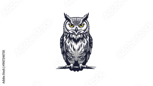 Wise owl with sharp yellow eyes and detailed grey feathers sits perched on a branch against a clean white background in a vintage vector style.
