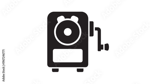 Pencil sharpener icon with a crank handle and a shavings receptacle for office and school supplies featuring stationery, manual, mechanical with tool