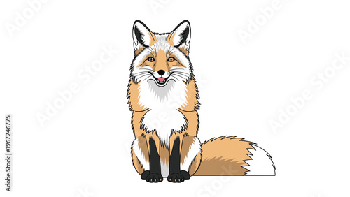 Beautiful red fox with detailed fur and a fluffy tail sits gracefully facing forward on a plain white background in a realistic illustration.