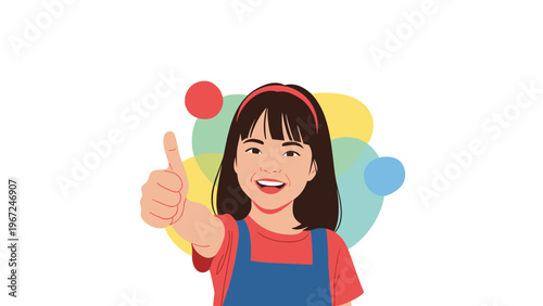 Smiling young girl with dark hair and a red headband gives a thumbs up against a backdrop of colorful abstract shapes in a flat design style.