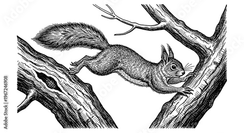 A detailed black and white drawing of a squirrel