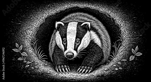 A detailed illustration of a badger emerging from its underground burrow