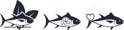 Set of tuna fish silhouettes with ecological and health symbols for sustainable fishing labels