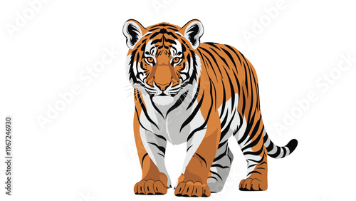 Majestic Bengal tiger with vibrant orange fur and black stripes walks forward confidently in a detailed wildlife illustration against white.