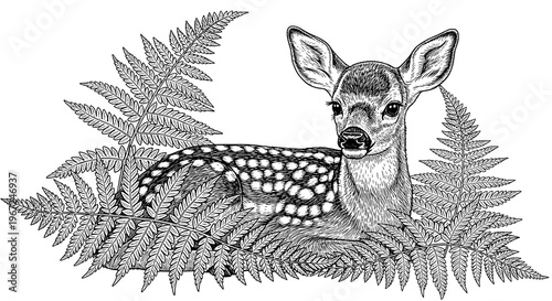 Detailed illustration of a deer fawn in a fern forest
