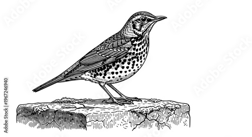 Detailed Illustration of a Small Bird Perched on Rock