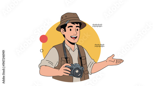 Enthusiastic male photographer wearing a safari hat and vest holds a camera and gestures forward against a sunny yellow circle background.