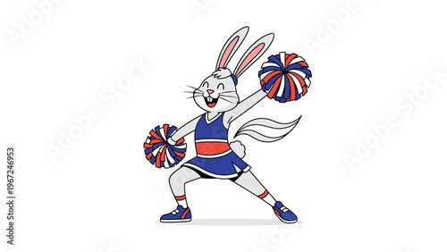 Energetic bunny cheerleader in a blue and red uniform performs a routine while holding colorful pom poms in a fun cartoon illustration.