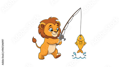 Cute little lion cub stands by the water holding a fishing rod and successfully catching a small golden fish in a playful cartoon scene.