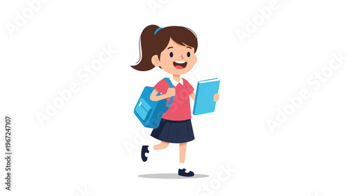Happy schoolgirl with a blue backpack and a book runs excitedly towards her classes in a friendly and educational themed illustration.