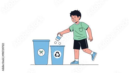 Responsible young boy in a green shirt throws trash into a recycling bin to protect the environment in a positive flat design illustration.