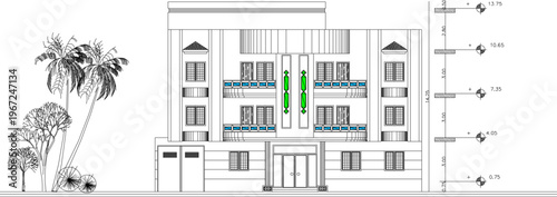 Classic Style Apartment Building Architectural Drawing with Symmetrical Facade, Multiple Balconies, and Central Glass Atrium Feature