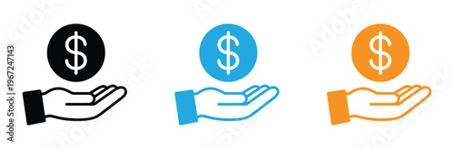 Hand holding dollar coin icon for finance and donation concept. Icon set of hand holding dollar coin in black and white with blue circle variant