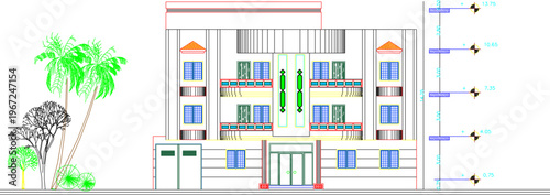 Classic Style Apartment Building Architectural Drawing with Symmetrical Facade, Multiple Balconies, and Central Glass Atrium Feature