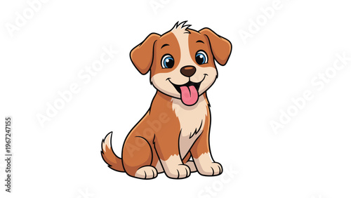Brown and white puppy sitting happily with its tongue out on a clean white background, representing a joyful domestic pet character.