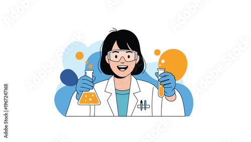 Happy female scientist in a white lab coat and safety goggles holds test tubes while conducting experiments against a colorful background.