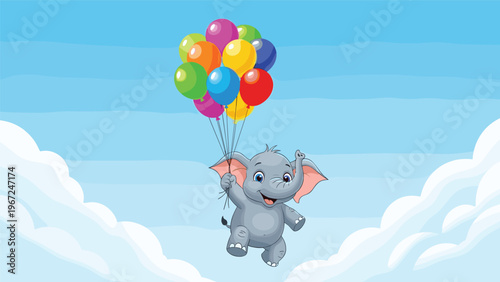 Playful grey elephant floats high in the blue sky above the clouds while holding a large bunch of colorful balloons with its trunk.