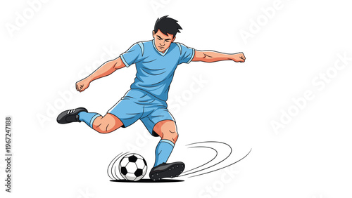 Determined soccer player in a blue uniform kicks a ball with power and precision during a game in a dynamic sports themed illustration.