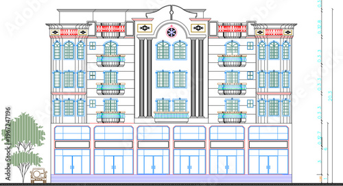 Professional AutoCAD Line Drawing of Multi-Story Apartment Complex with Elegant Balcony Railings and Symmetrical Window Layout.