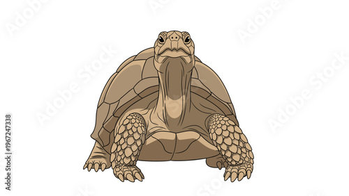 Detailed frontal view of a large brown tortoise with a textured shell and scaly legs, isolated against a minimalist white background.