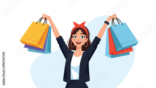 Excited young woman celebrating her shopping spree by holding several colorful shopping bags high in the air with a big smile.
