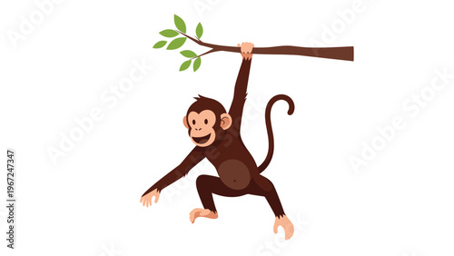 Playful brown monkey hanging from a green leafy branch with one hand, featuring a happy expression in a cute cartoon style.