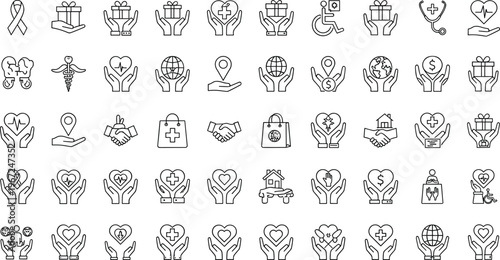 Charity and Healthcare Icon Set with Giving Hands, Health, Donation, Heart, Medical, Gift, and Social Care Symbols for Nonprofit and Wellness Design