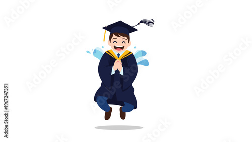 Joyful young graduate jumping high in the air wearing a blue academic cap and gown to celebrate his successful school completion.