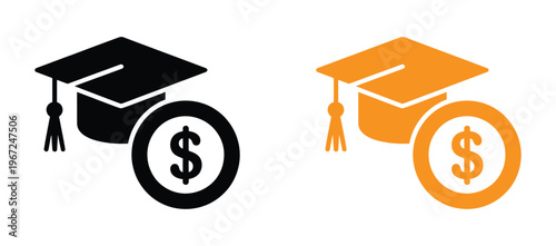 Educational finance icon featuring a graduation mortarboard cap with a dollar coin and book symbol representing scholarship opportunities student loan debt and tuition savings plans