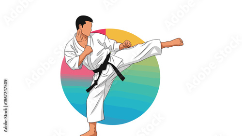 Determined martial artist in a white karate gi performing a high side kick against a colorful circular sunset themed background.