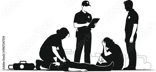 Emergency response paramedics and police assist injured person on street